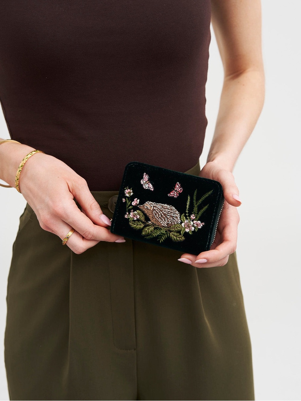 Hedgehog Embroidered Small Purse in Forest Green Velvet by Fable England